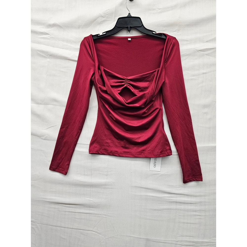 CSDAJIO Womens Cutout Draped Long Sleeve Top Red Polyester Blend Casual Size S